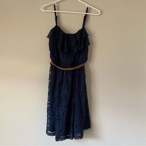 Amywear Dark Blue Navy Lace Spaghetti Strap Short Dress with Belt Girly Femme